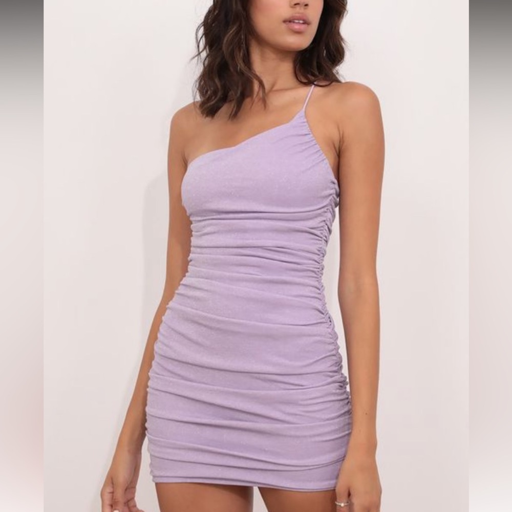 This is Lucy in the skies Gina One Shoulder Bodycon Dress in Purple Shimmer